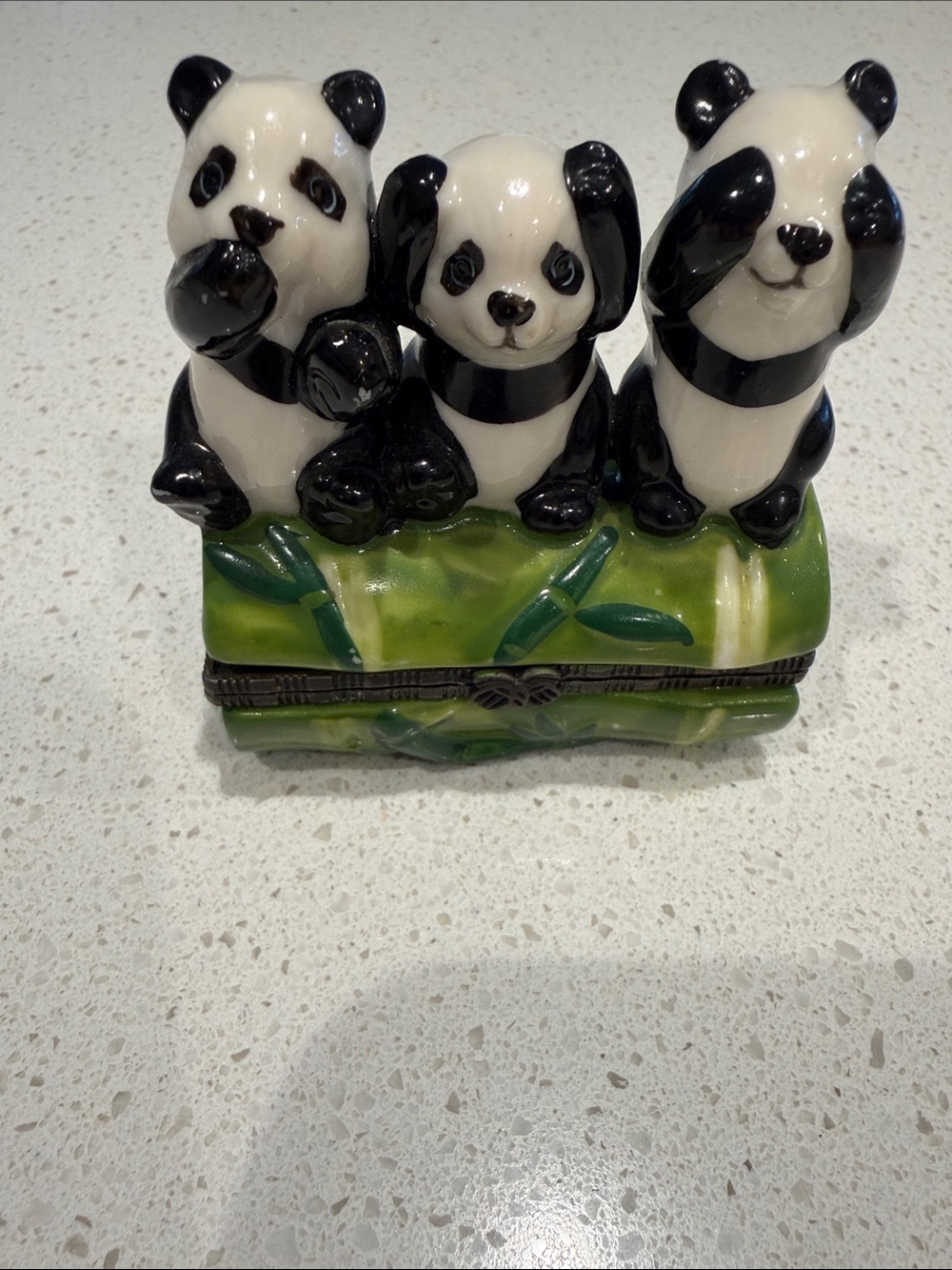 Black & White Panda Ceramic Figurine Trio on Green Bamboo hinged Box Base